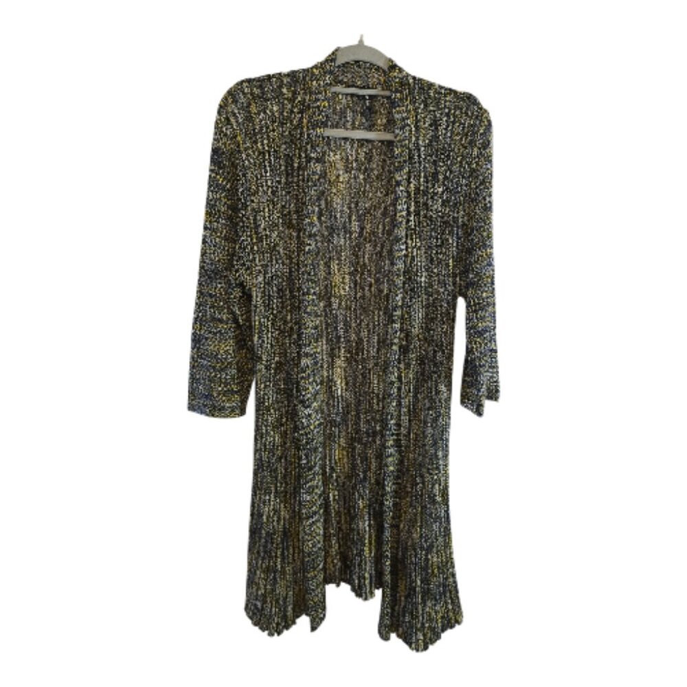 SACRED THREADS SIZE LARGE NAVY GOLD SWEATER CARDIGAN BUTTON FRONT OR OPEN LONG